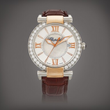 View full screen - View 1 of Lot 8811. Imperiale, Reference 8531 | A pink gold and stainless steel diamond-set wristwatch with date and mother-of-pearl dial, Circa 2015 | 蕭邦 | Imperiale 型號8531 | 粉紅金及精鋼鑲鑽石腕錶,備日期顯示及珠母貝錶盤,約2015年製.