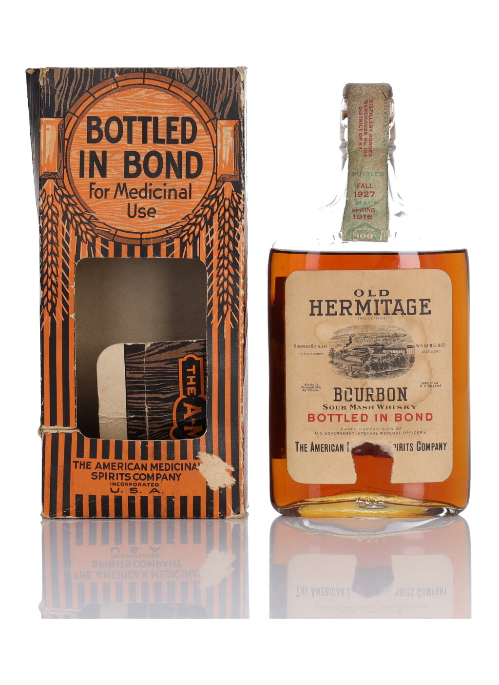 View full screen - View 1 of Lot 252. Old Hermitage Bourbon Bottled in Bond 100 Proof 1916 (1 Pint).