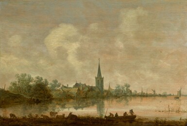 View full screen - View 1 of Lot 132. JAN JOSEFSZ. VAN GOYEN | RIVER LANDSCAPE WITH A VILLAGE AT THE WATER'S EDGE, CATTLE AND FIGURES IN THE FOREGROUND .