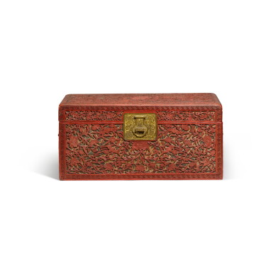 View full screen - View 1 of Lot 59. A carved cinnabar lacquer document box and cover Qing dynasty, Qianlong period | 清乾隆 剔紅五福捧壽花卉紋書箱.