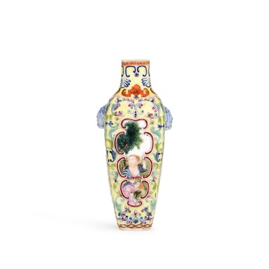 View full screen - View 1 of Lot 87. A small yellow-ground famille-rose 'European Subject' vase Late Qing dynasty.
