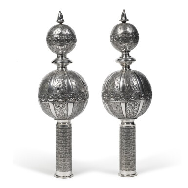 View full screen - View 1 of Lot 44. A Pair of Silver Torah Finials, Probably French, Mid 19th Century and Later.