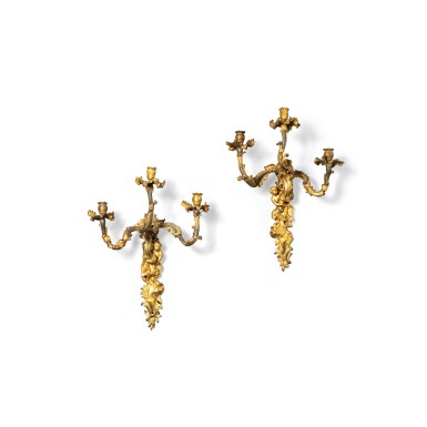 View full screen - View 1 of Lot 144. A pair of three-light gilt-bronze wall lights, probably Italy, Turin, circa 1740, attributed to François Ladatte.