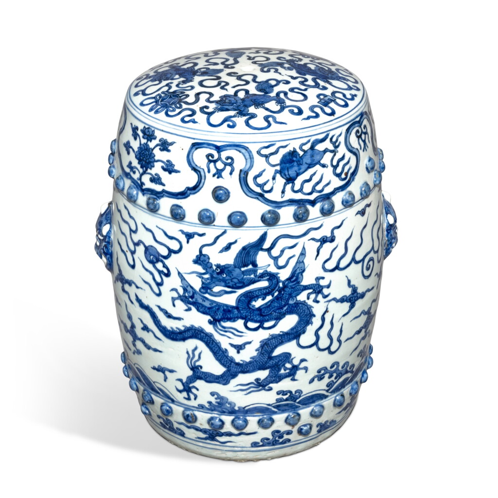 View full screen - View 1 of Lot 30. A blue and white 'dragon' stool, Ming dynasty, Jiajing period.