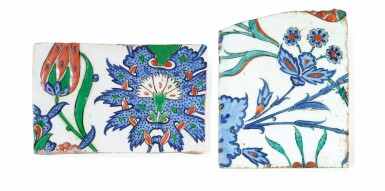 View full screen - View 1 of Lot 128. Two Iznik Pottery Tile Fragments, Ottoman Turkey, Late 16th Century.