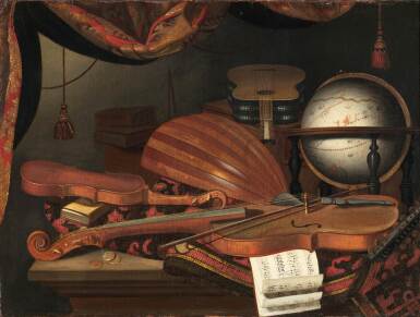 View full screen - View 1 of Lot 10. Still life with musical instruments, a globe and a carpet on a ledge, an embroidered curtain above.