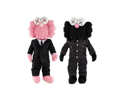 View full screen - View 1 of Lot 9020. KAWS | DIOR X KAWS BFF粉紅色與黑色絨毛玩具(兩件)DIOR X KAWS BFF Pink and Black Plush Dolls (two works).
