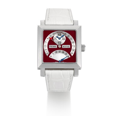 View full screen - View 1 of Lot 203. PIERRE KUNZ | REF PKL 015 SDR WHITE GOLD SQUARE-FORM WRISTWATCH WITH DATE AND 30-SECOND RETROGRADE INDICATION CIRCA 2015.