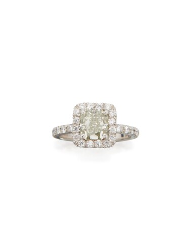 View full screen - View 1 of Lot 101. FANCY GRAYISH YELLOWISH GREEN DIAMOND AND DIAMOND RING.