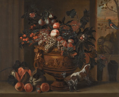 View full screen - View 1 of Lot 122. A still life of a decorated urn with handles filled with exotic fruit, a small cavalier dog barking at a monkey and a parrot in a tree on the right.