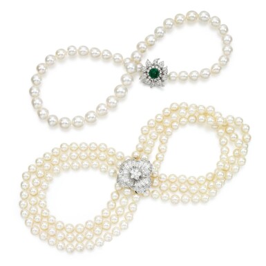 View full screen - View 1 of Lot 225. Cultured pearl and diamond necklace and an emerald, cultured pearl and diamond necklace.