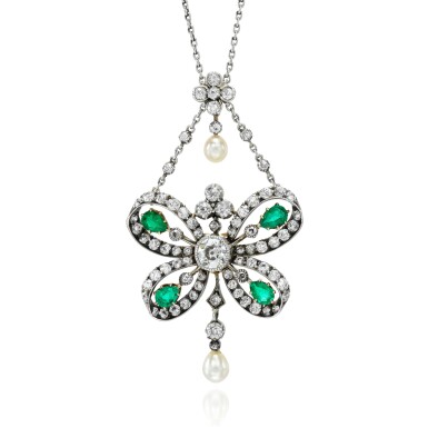 View full screen - View 1 of Lot 8. EMERALD AND DIAMOND NECKLACE.