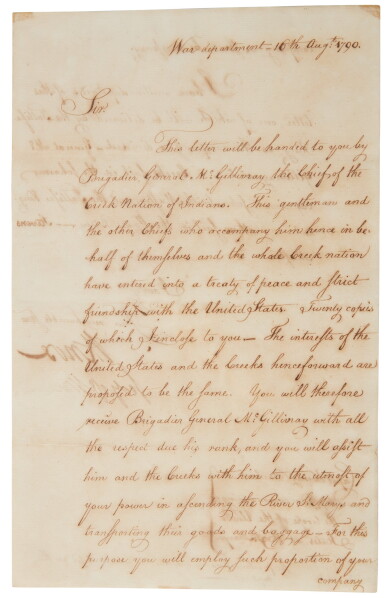 View full screen - View 1 of Lot 2124. Knox, Henry. Letter signed, 16 August 1790, to Henry Burbeck.