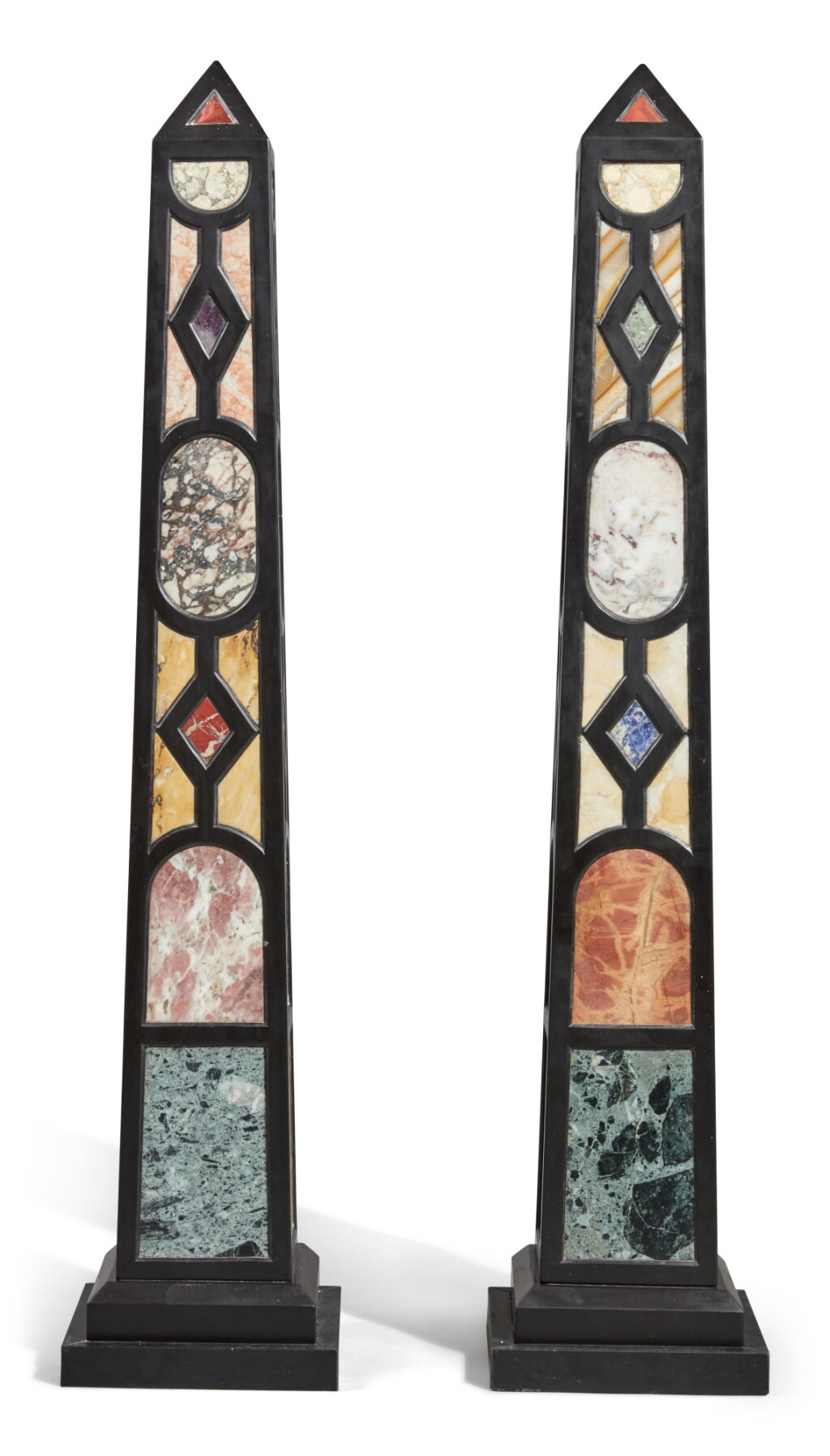 View full screen - View 1 of Lot 153. A Pair of Large Ebonized and Specimen Marble Obelisks.