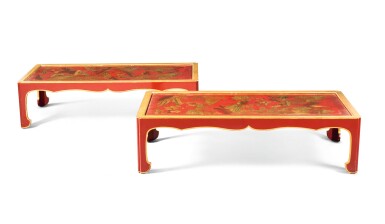 View full screen - View 1 of Lot 49. A PAIR OF CHINESE RED AND GILT LACQUER AND JAPANNED COFFEE TABLES, THE LACQUER 18TH/19TH CENTURY, THE FRAMES 20TH CENTURY AND PROBABLY BY MALLET.