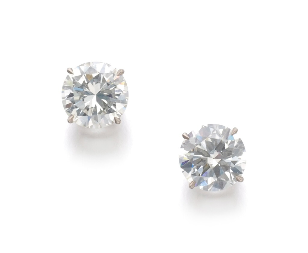 View full screen - View 1 of Lot 47. PAIR OF DIAMOND EAR STUDS.