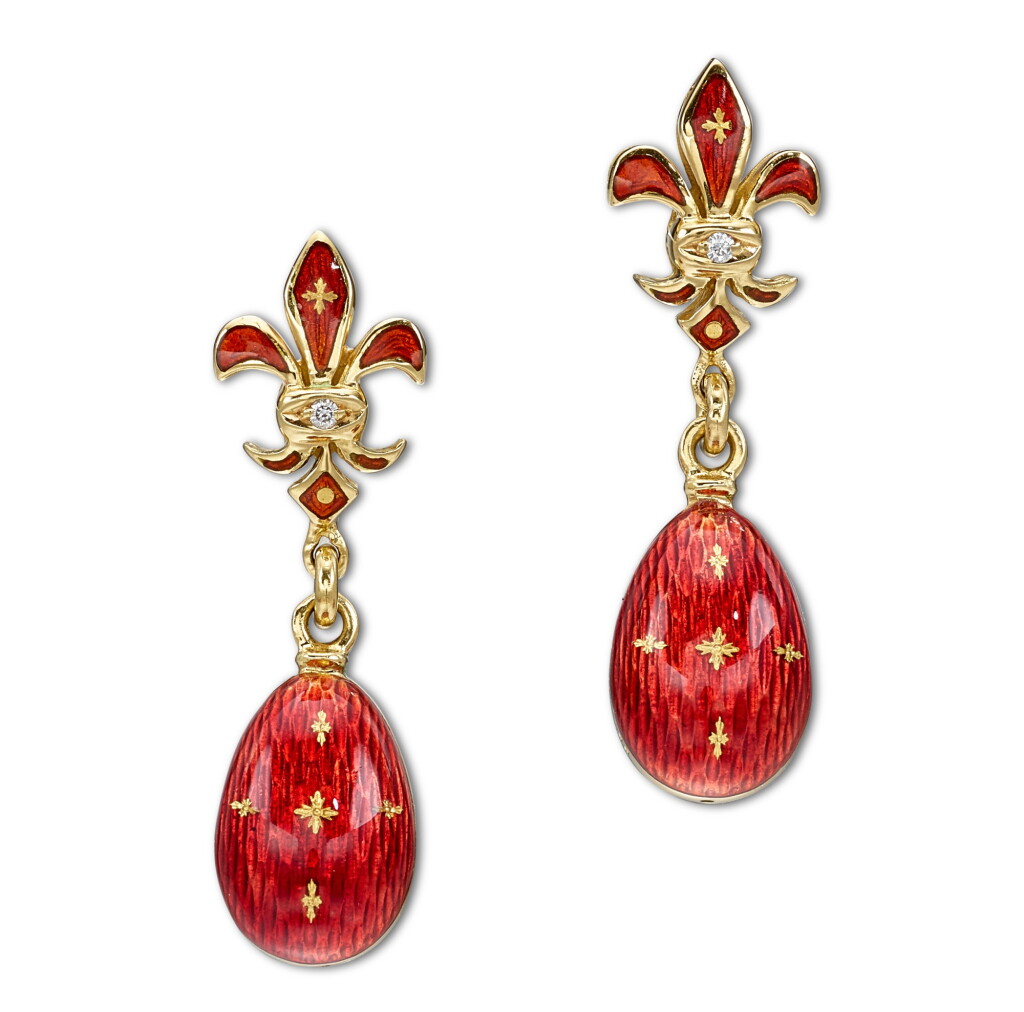 View full screen - View 1 of Lot 1133. FABERGÉ | PAIR OF ENAMEL AND DIAMOND EARRINGS | 法貝熱 琺琅彩 配 鑽石 吊耳環一對.