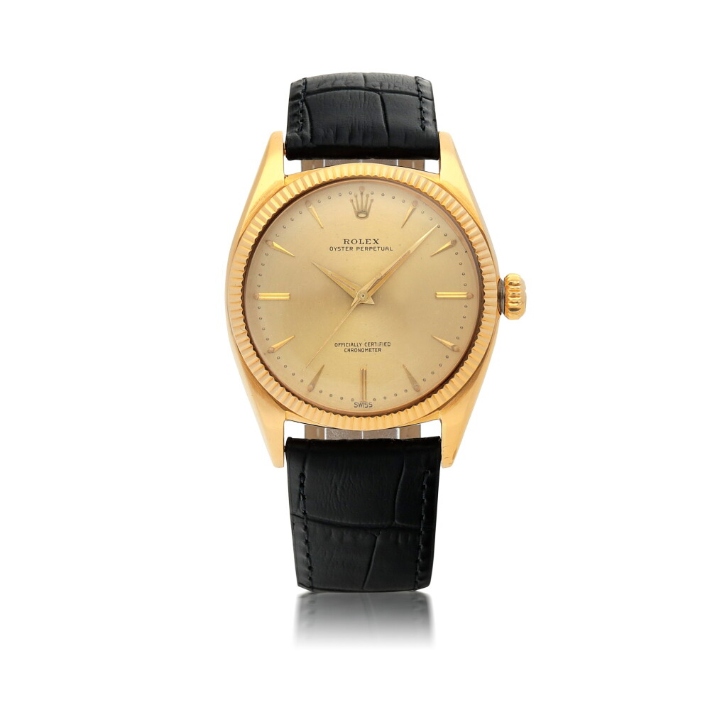 View full screen - View 1 of Lot 408. ROLEX | OYSTER PERPETUAL, REF 6599, YELLOW GOLD WRISTWATCH CIRCA 1958.