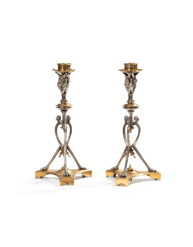 View full screen - View 1 of Lot 111. A pair of neo-pompeian gilt and silver gilt bronze candlesticks, signed Maison Christofle, late 19th century | Paire de flambeaux néo-pompéiens en bronze doré et argenté, signés par la Maison Christofle, fin du XIXeme siècle.