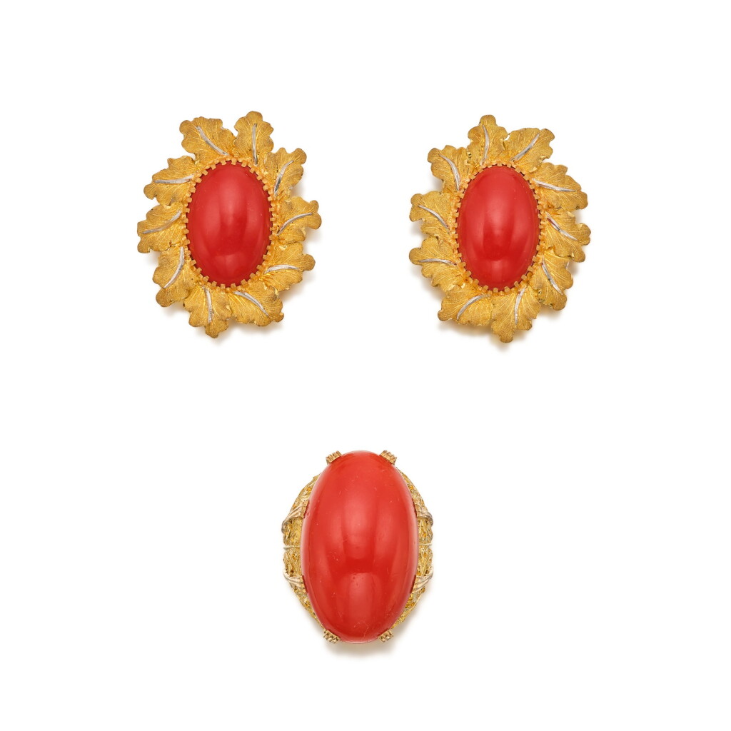 View full screen - View 1 of Lot 521. Gold and Coral Ring and Pair of Earclips.