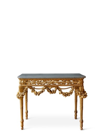 View full screen - View 1 of Lot 56. A Louis XVI carved giltwood console, circa 1780 | Console aux carquois en bois sculpté et doré d’époque Louis XVI, vers 1780.