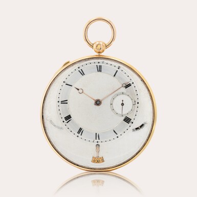 View full screen - View 1 of Lot 11. An extra slim, very fine and rare 18ct gold open-faced half-quarter-repeating demi-chronometer lever watch with date and jumping hour hand.