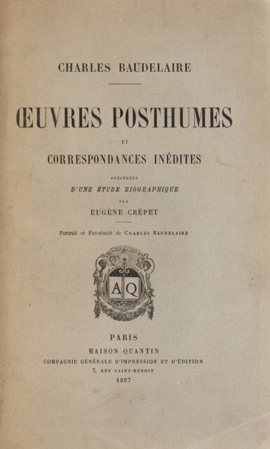 View full screen - View 1 of Lot 15. BAUDELAIRE. Œuvres posthumes et correspondances inédites. 1887. Mar. noir Huser. EO. 1/30 Hollande.