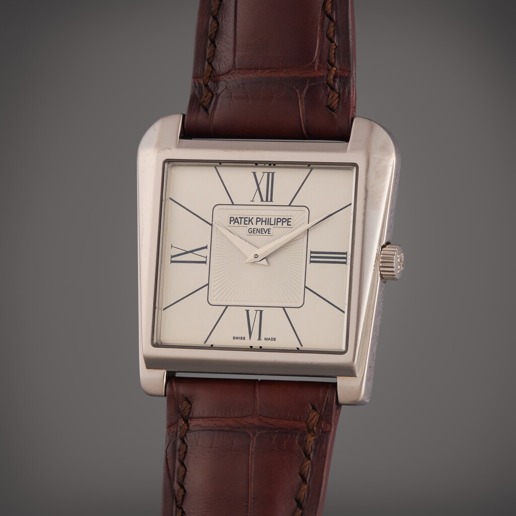 View full screen - View 1 of Lot 382. Reference 5489G-001 Gondolo Trapeze | A white gold trapezoidal wristwatch, Circa 2008.