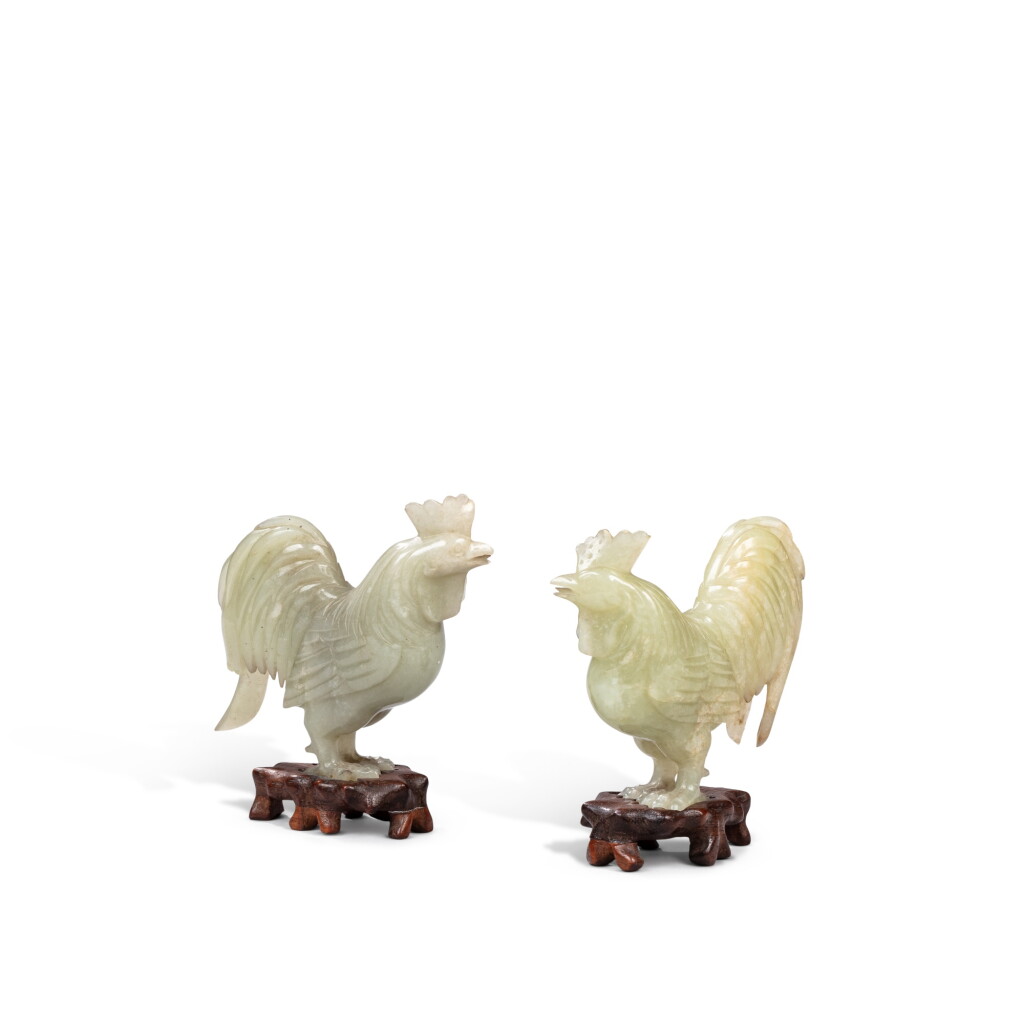 View full screen - View 1 of Lot 596. Two celadon jade figures of roosters, 20th century.
