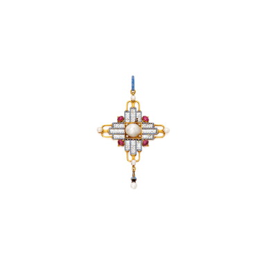 View full screen - View 1 of Lot 589. GOLD, PEARL, RUBY, ENAMEL AND DIAMOND PENDANT, CARLO GIULIANO | 黃金鑲珍珠配紅寶石、琺瑯彩及鑽石吊墜,Carlo Giuliano.
