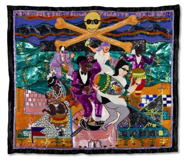 View full screen - View 1 of Lot 954. Ghede Ceremony "AONOM DE 29 POINTS CIMETE MAITR JEANS MON" Vodou Banner.