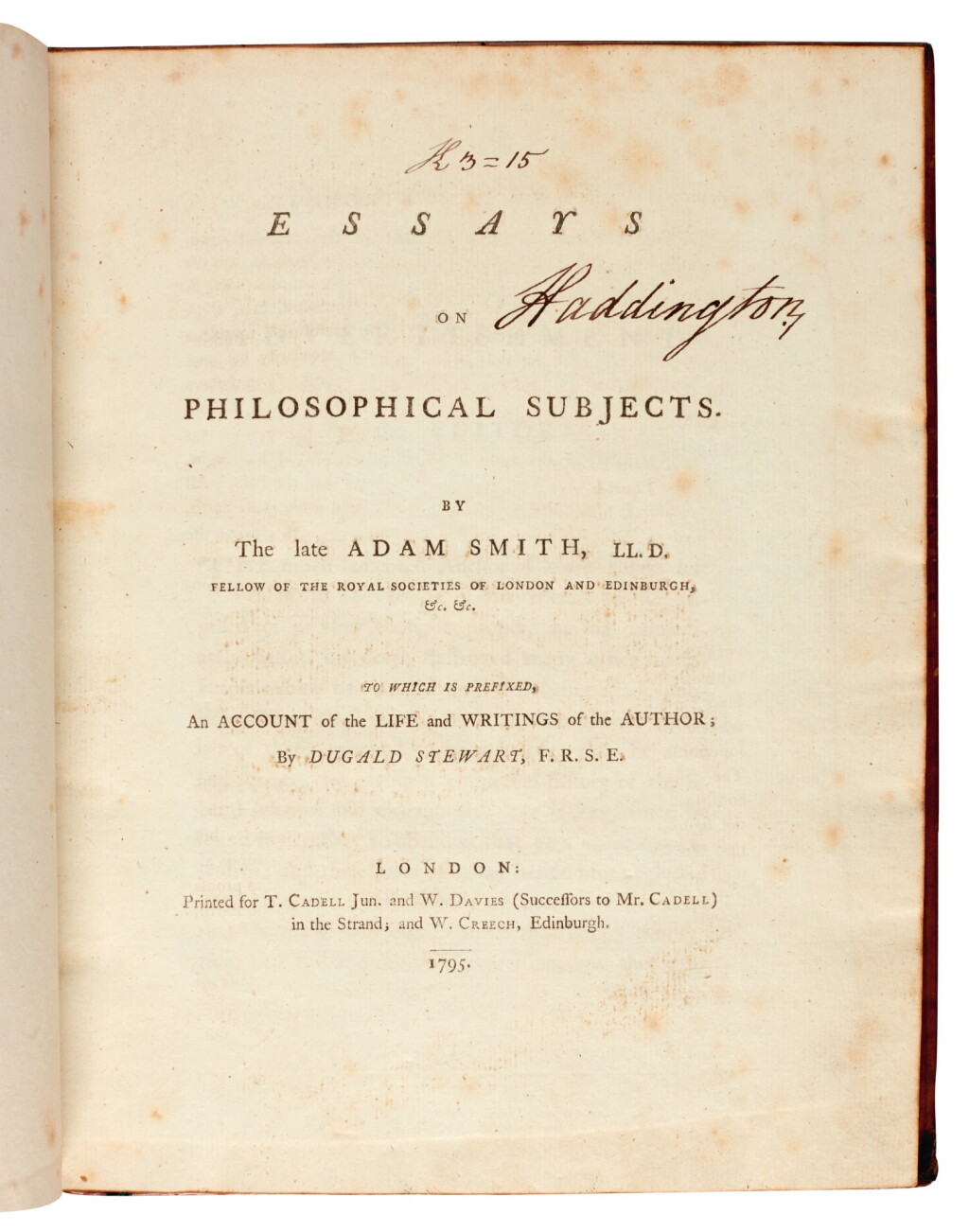 View full screen - View 1 of Lot 76. SMITH | Essays on Philosophical Subjects, 1795.