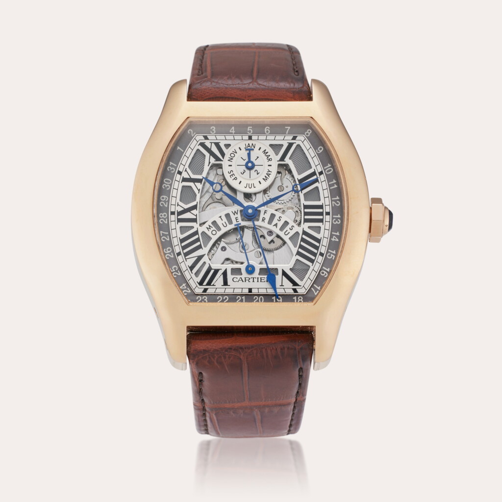View full screen - View 1 of Lot 309. Reference W1580003 Tortue XL | A pink gold semi-skeletonized tonneau-shaped perpetual calendar wristwatch with leap year and retrograde day indication, Circa 2011.