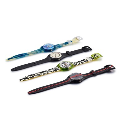 View full screen - View 1 of Lot 8282. Swiss Art | A group of 4 plastic numbered edition wristwatches, Circa 1991 | Swiss Art | 一套四件塑膠編號版腕錶,約1991年製.