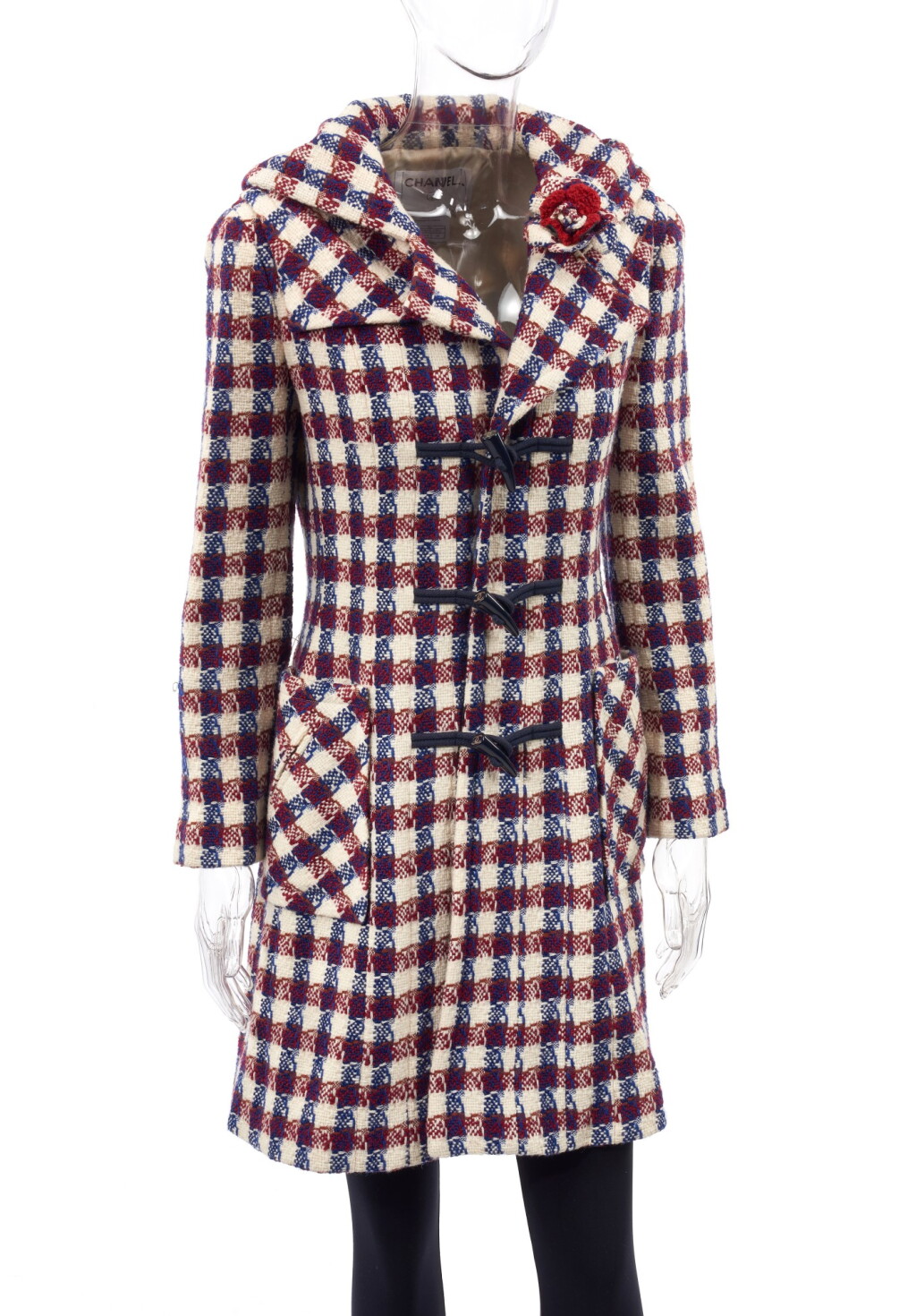 View full screen - View 1 of Lot 105. RED, WHITE AND BLUE TWEED HOODED DUFFLE COAT, CHANEL.