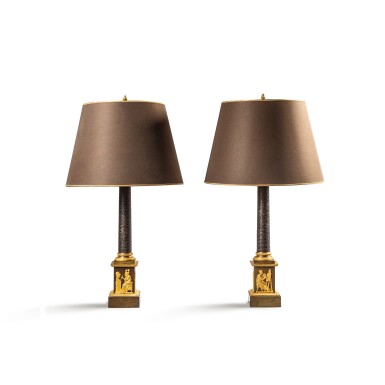 View full screen - View 1 of Lot 42. A Pair of Restauration patinated bronze and gilt-bronze two-light lamps, circa 1820.