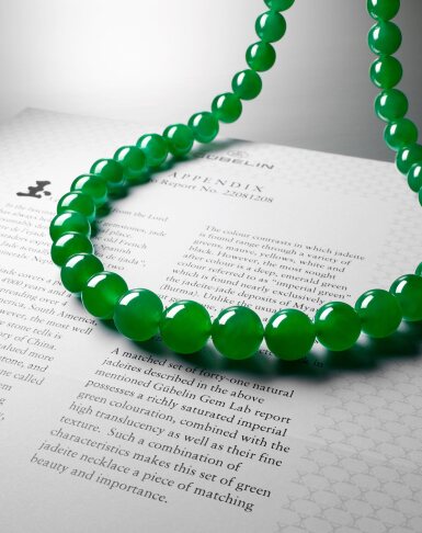 View full screen - View 1 of Lot 1888. An Exceptional and Extremely Rare 'Imperial Green' Jadeite Bead, Diamond and Ruby Necklace | 稀世珍罕 天然「帝王綠」翡翠珠 配 鑽石 及 紅寶石 項鏈.