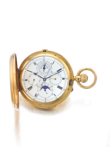 View full screen - View 1 of Lot 107. J W BENSON | A HUNTING CASED PERPETUAL CALENDAR MINUTE REPEATING CHRONOGRAPH WATCH WITH MOON PHASES AND LEAP YEAR INDICATION CIRCA 1890.