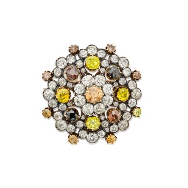 View full screen - View 1 of Lot 153. Silver-Topped Gold, Diamond and Colored Diamond Pendant-Brooch.