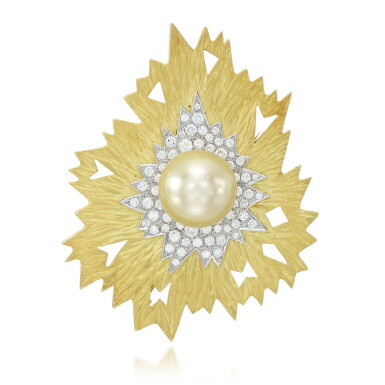 View full screen - View 1 of Lot 130. Cultured pearl and diamond brooch/pendant, circa 1986.