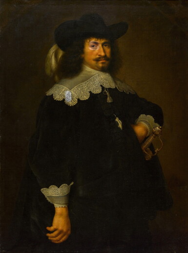 View full screen - View 1 of Lot 157. Portrait of a gentleman, three-quarter length, wearing black with a lace collar and cuffs, a black hat with a white feather, and a sword.