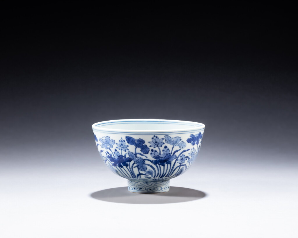 View full screen - View 1 of Lot 129. A blue and white 'lotus' bowl, Mark and period of Jiajing | 明嘉靖 青花蓮塘圖盌《大明嘉靖年製》款.