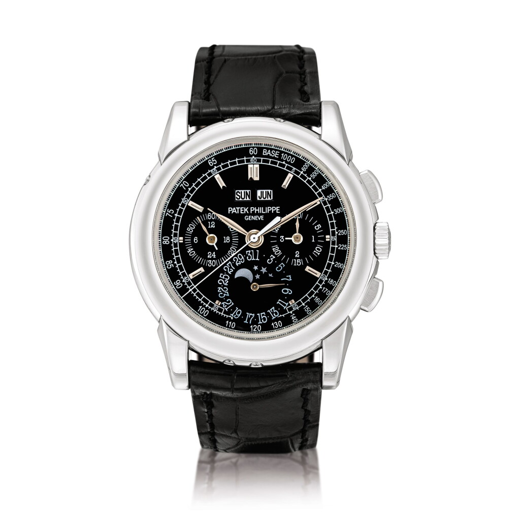 View full screen - View 1 of Lot 2110. Patek Philippe | Reference 5970, A platinum perpetual calendar chronograph wristwatch with moon phases, 24 hours and leap year indication, Circa 2009 | 百達翡麗 | 型號5970 鉑金萬年曆計時腕錶,備月相、24小時及閏年顯示,約2009年製.