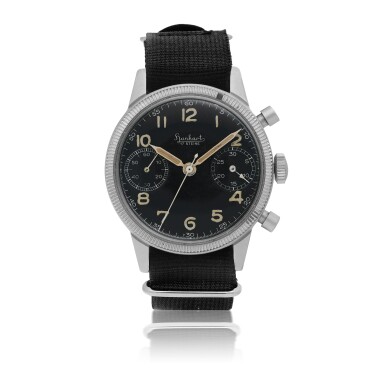 View full screen - View 1 of Lot 24. HANHART | 'FLIEGER', REF 417 MILITARY NICKEL-PLATED BRASS FLYBACK CHRONOGRAPH WRISTWATCH CIRCA 1955.