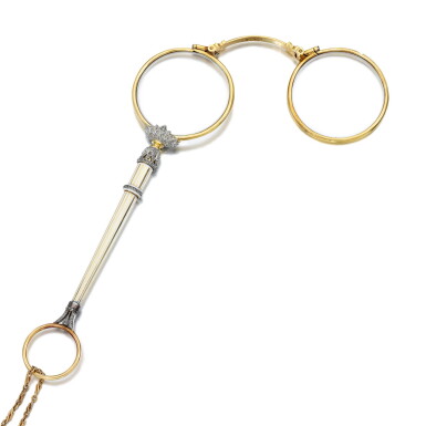 View full screen - View 1 of Lot 1277. A Fabergé jewelled platinum and gold-mounted basse-taille enamel lorgnette, workmaster Henrik Wigström, St Petersburg, 1908-1917.