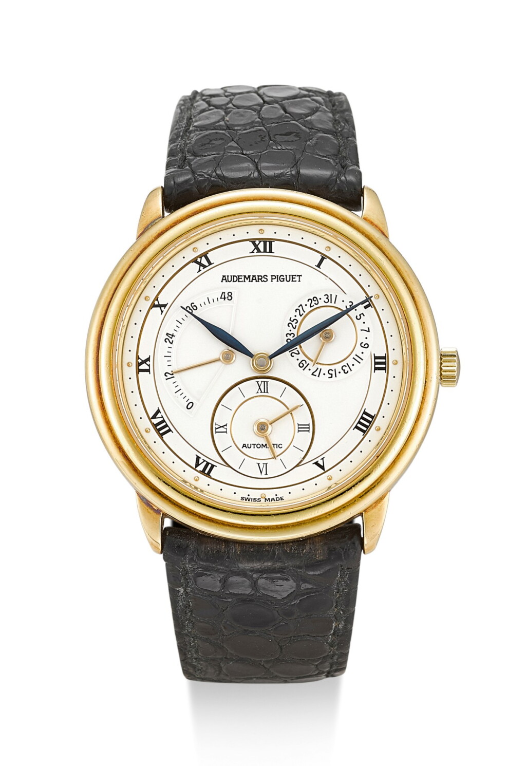 View full screen - View 1 of Lot 17. AUDEMARS PIGUET | DUAL TIME, REFERENCE 25685.002, A YELLOW GOLD DUAL TIME ZONE WRISTWATCH WITH DATE AND POWER RESERVE INDICATION, CIRCA 1995.