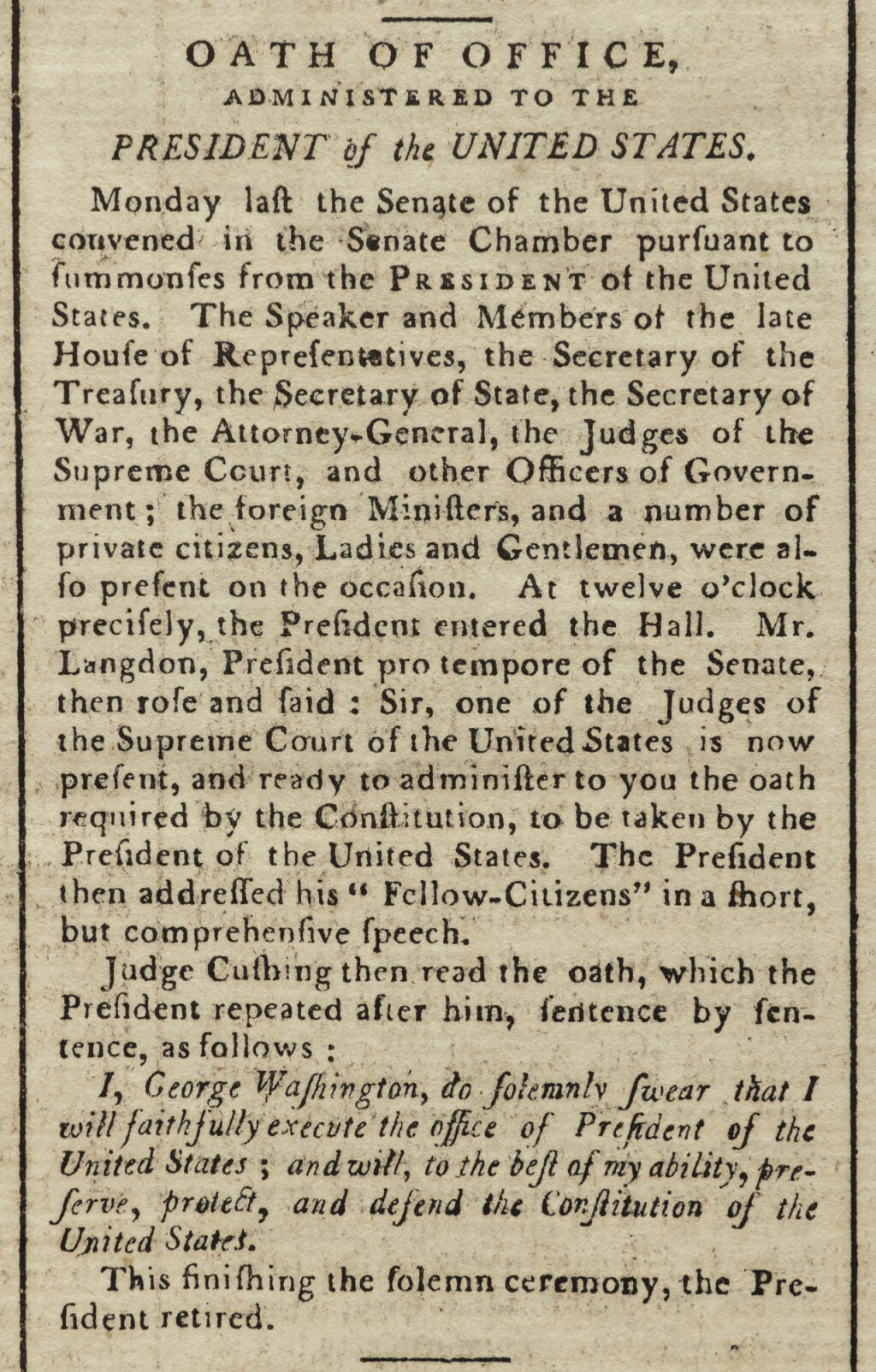View full screen - View 1 of Lot 107. (WASHINGTON, GEORGE) | George Washington's Second Presidential Inauguration reported in the Gazette of the United States, Vol. IV, No. 80 (Whole No. 402). Philadelphia: Published by John Fenno, Wednesday, March 6, 1793.
