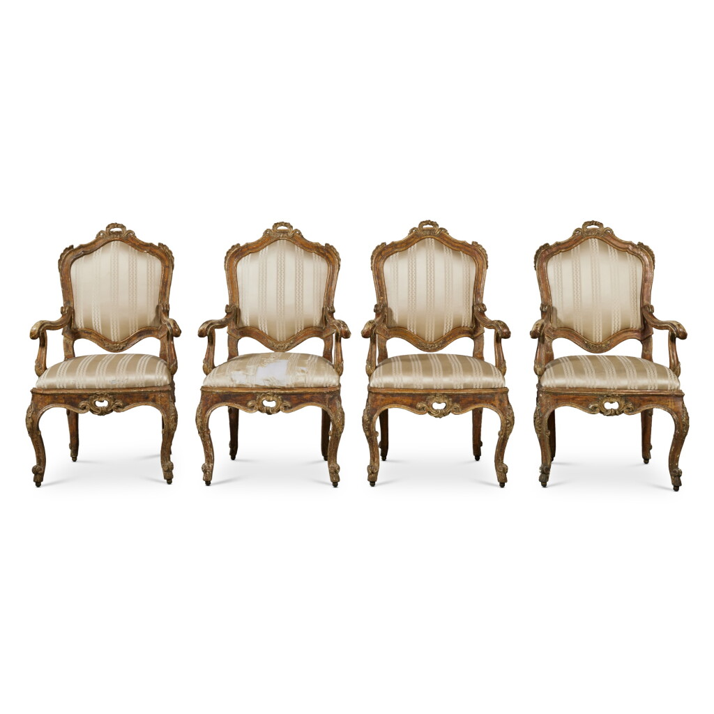 View full screen - View 1 of Lot 329. A Set of Four Venetian Rococo Red Lacquer and Parcel-Gilt Armchairs, Mid-18th Century.