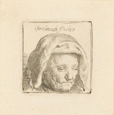 View full screen - View 1 of Lot 565. The Artist's Mother in a Cloth Headdress, looking down: Head only (B., Holl. 351; New Holl. 121).