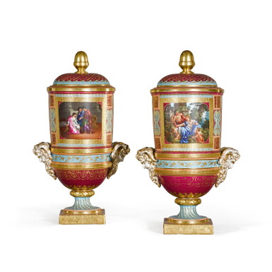 View full screen - View 1 of Lot 87. A PAIR OF VIENNA STYLE TWO-HANDLED URNS AND COVERS, CIRCA 1890.